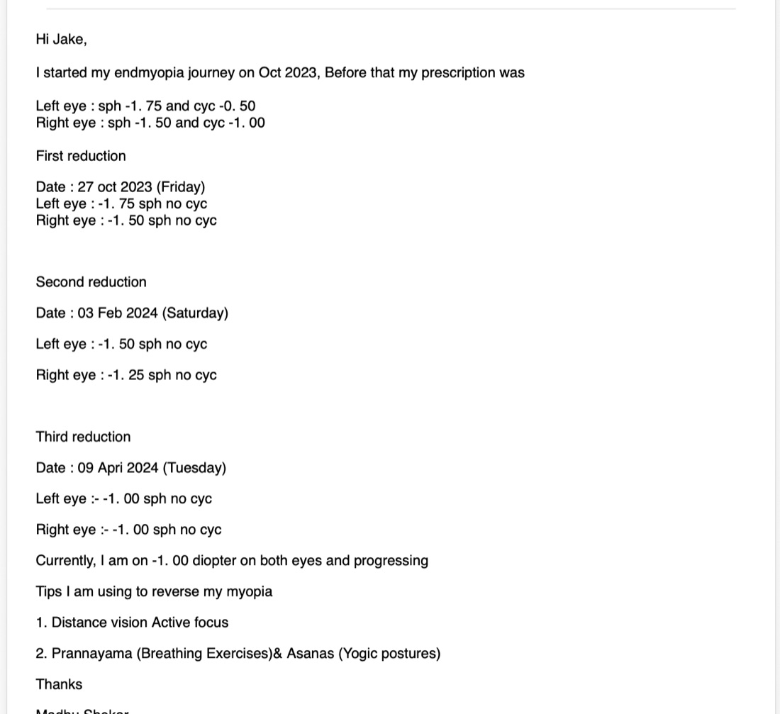 Madhu S.: -1.75 Diopters To -1.00